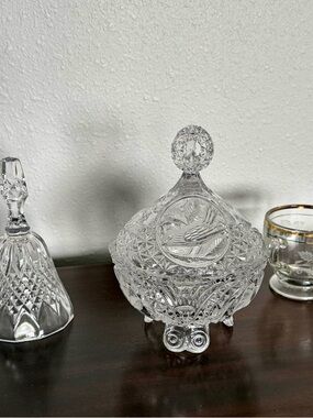 Cut Crystal Covered Dish (German), Cut Crystal Bell, and Etched Glass Sugar Bowl